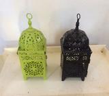 Two Turkish inspired green and black metal tin tea light container