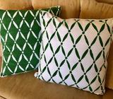 2X BEAUTIFUL DOUBLE SIDED GREEN & WHITE CUSHIONS - AS NEW!
