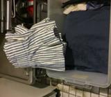 Navy Nylon Blockout Curtains and Navy White Striped Valance x 2