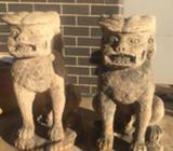 2 Asian fu dogs sand stone statues (solid)