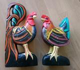 LARGE CHICKEN AND ROOSTER HANDCRAFTED WOODEN STATUES