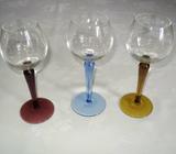 3 long stemmed glasses Amber, Burgundy and Blue stems