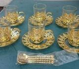 6 Tea - coffee cup set .Brand new .Glass and Gold steel
