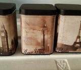 3 tin cannisters london new York and paris