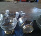 5 medium bowls glass and gold leaf type pattern desserts, etc
