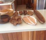 10 pc wood wooden vintage bowls, cheese plate, bread holder. etc