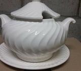 White Soup Dish (Tureen) With Lid & Serving Plate, Made In Japan