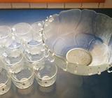 Punch bowl, stand, 12 cups and hooks
