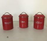 3 Red and Silver Metal Tea, Coffee and Sugar Storage Cannisters