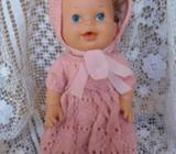 VINTAGE GMFGI WETTING BABY DOLL 32CM 1978 PINK KNITTED OUTFIT