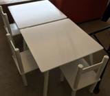 2 x white tables and 3 chairs